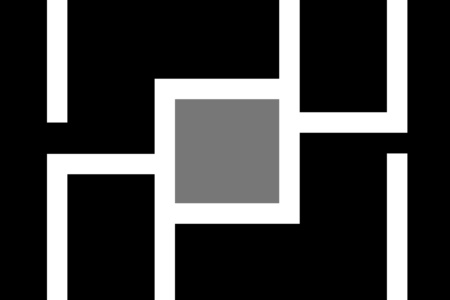 site logi - a white maze-like square block against a black background, with a grey square middle